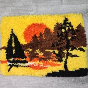 VINTAGE 70s Retro Sail Boat Latch Hook Shag Rug Wall Hanging Decor